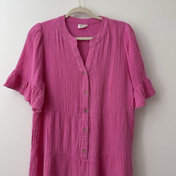 New In Womens L Pink Barbie Gauze Flutter Sleeve Popover Button Cover Up Dress - Picture 3 of 6